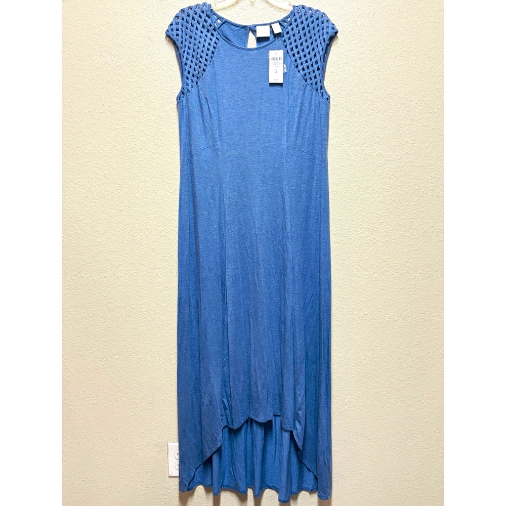 Chico's Maxi Dress Solid Blue Lattice Shoulder Keyhole Neck Sleeveless 2